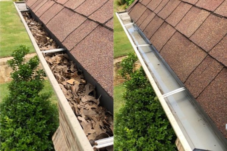 Professional gutter cleaning service removing leaves and debris from residential gutters to prevent water damage and improve drainage.